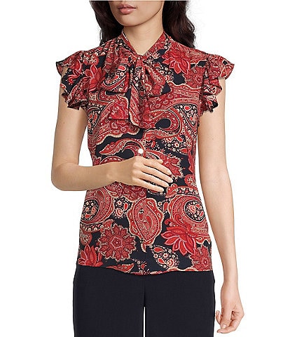 Tommy Hilfiger Paisley Print Tie Mock Neck Ruffle Cap Sleeve Button Front Blouse