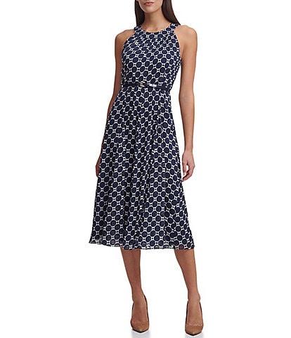 Tommy Hilfiger Sleeveless Halter Neck Belted Printed Chiffon Fit and Flare Midi Dress