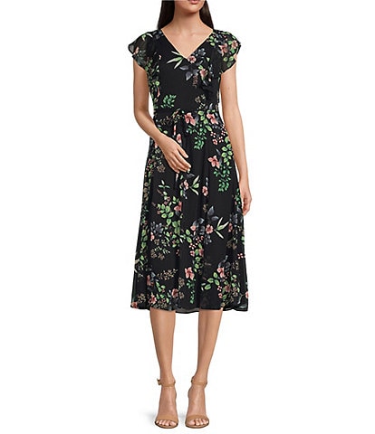 Tommy Hilfiger Floral Print Sleeveless V-Neck Chiffon Midi Dress