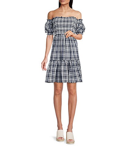 Tommy Hilfiger Smocked Off-the-Shoulder Short Puff Sleeve Plaid Print Ruffle Tiered Dress