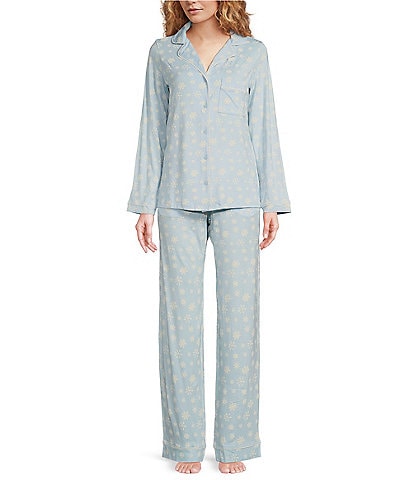 Tommy John Downtime Long Sleeve Notch Collar Knit Snowflake Print Holiday Pajama Set