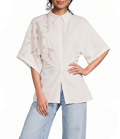 TOPSHOP Woven Oversized Cinched Waist 3/4 Sleeve Point Collar Cutwork Top