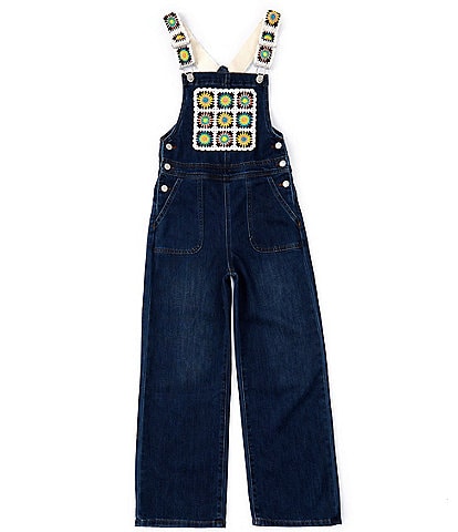 Tractr Big Girls Crocheted-Pocket Denim Overalls