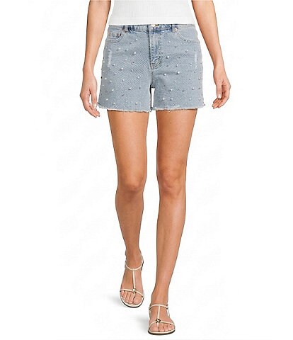 Tractr Pearl & Rhinestone Denim Shorts