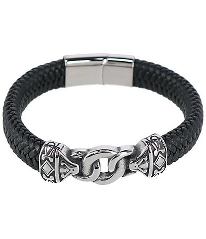 Trafalgar Silver Interlock Pattern On Black Leather Bracelet