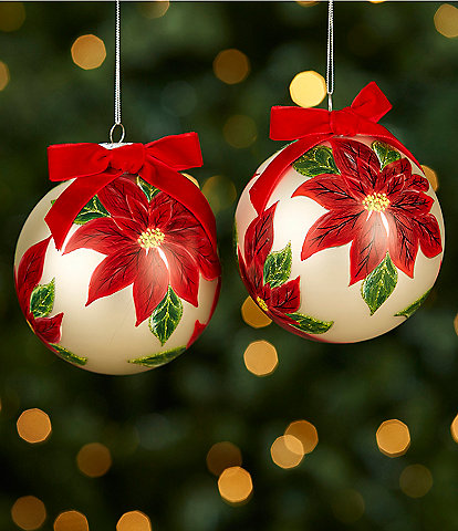 Trimsetter Feliz Navidad Collection Handpainted Poinsettia Glass Ball Ornament Set