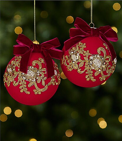 Trimsetter Highland Holiday Collection Green Embroidered Velvet Jewel Ball  Ornament 2-Piece Set