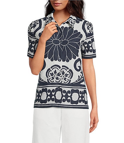 Trina Turk Abba Printed Clip Jacquard Point Collar Short Sleeve Top
