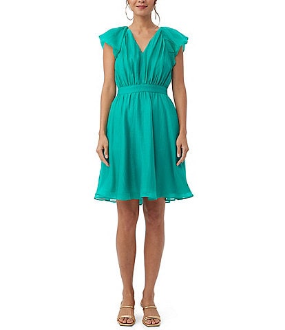 Trina Turk Afilia Woven V-Neck Cap Ruffle Sleeve Gathered Waist A-Line Dress