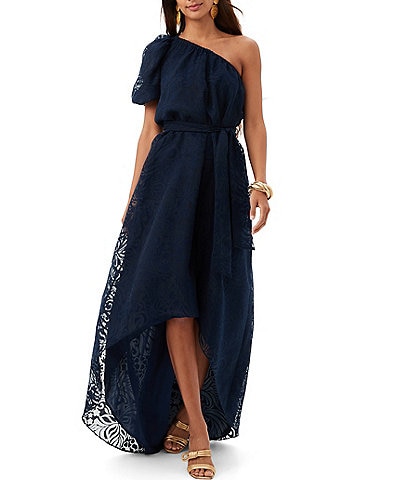 Trina Turk Afloat Sheer Burnout Asymmetrical One-Shoulder Puff Sleeve High-Low Hem Belted Maxi Dress