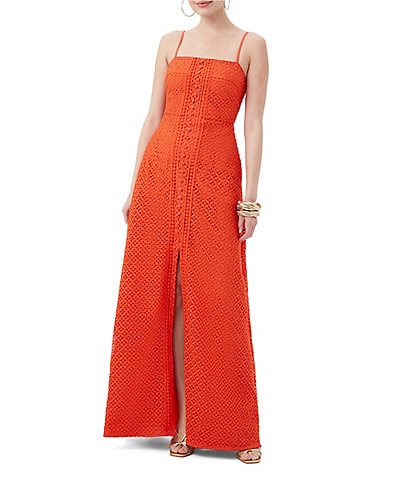 Trina Turk Akumi Geometric Lace Square Neck Sleeveless Front Slit Maxi Dress