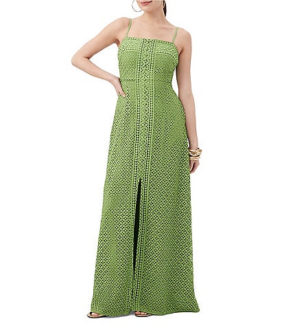 Trina Turk Akumi Geometric Lace Square Neck Sleeveless Front Slit Maxi Dress