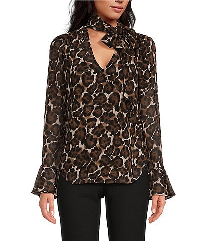 Trina Turk Alora Crinkle Georgette Leopard Print V-Neck Long Bell Sleeve Top