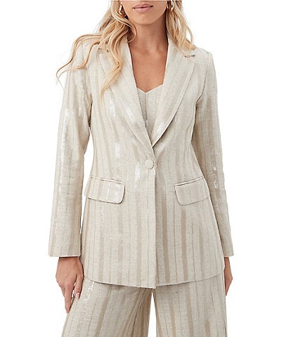 Trina Turk Alternates Saint Maxime Linen Blend Sequin Stripe Notch Lapel Long Sleeve Blazer