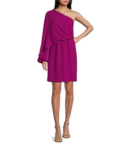 Trina Turk Amal Satin Asymmetric One Shoulder Long Draped Sleeve Blouson Dress