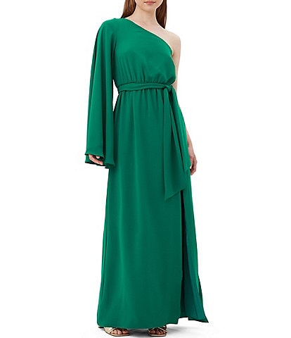 Trina Turk Amida Woven Asymmetrical One-Shoulder Long Draped Sleeve Belted Maxi Dress
