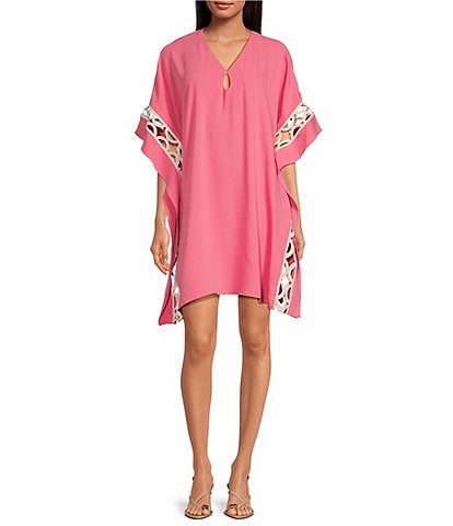 Trina Turk Amoreaux Double Georgette V-Neck Keyhole Elbow Sleeve Caftan Dress