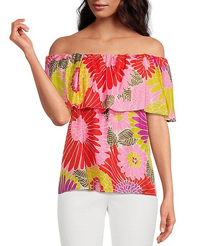 Trina Turk Aqua Caliente Floral Print Off-the-Shoulder Short Sleeve Layered Silk Top