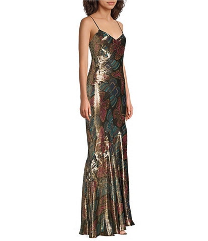 Trina Turk Arana Mystical Monarch Silk Metallic V-Neck Sleeveless Dress