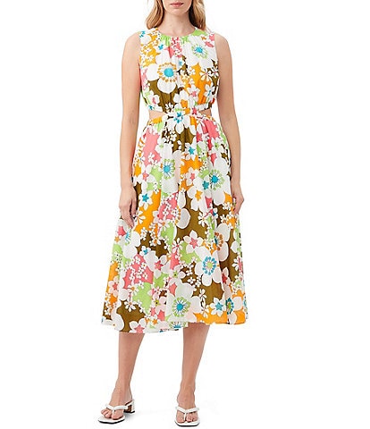 Trina Turk Artimo Cotton Voile Round Neck Sleeveless Floral Print Side Cut Out A-Line Dress