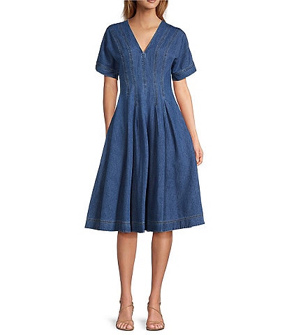 Trina Turk Ashe Denim V-Neck Short Sleeve A-line Dress