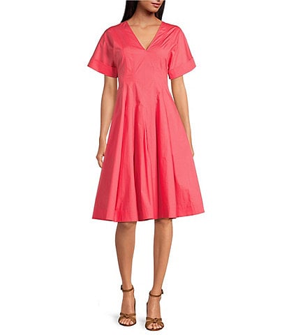 Trina Turk Ashe Poplin V-Neck Short Sleeve Fit-And-Flare Midi Dress
