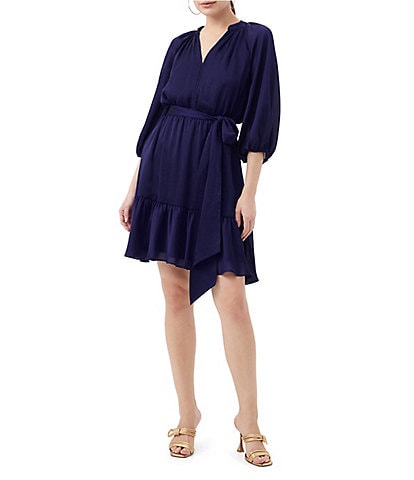 Trina Turk Asuma Crinkle Georgette V-Neck 3/4 Sleeve Tie Waist Dress