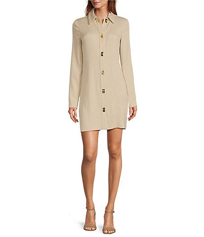 Trina Turk Barika Textured Plisse Point Collar Long Sleeve Button Front Shirt Dress