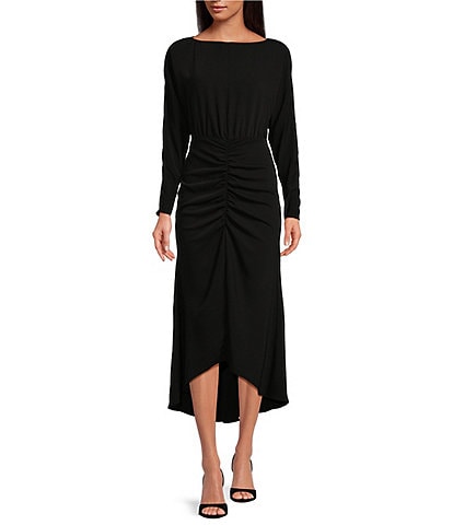 Trina Turk Behati Double Georgette Bateau Neck Long Sleeve Front Ruching Sheath Dress