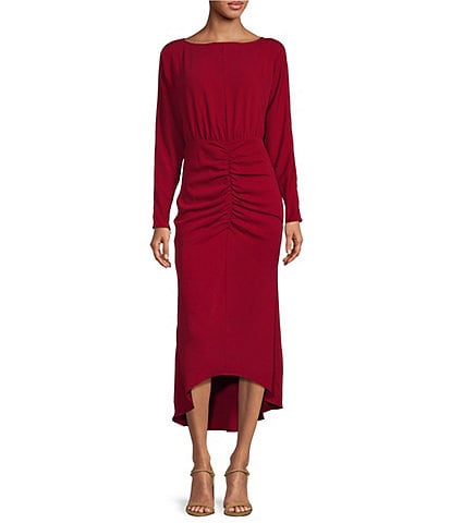 Trina Turk Behati Double Georgette Bateau Neck Long Sleeve Front Ruching Sheath Dress