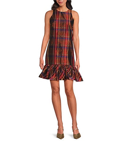 Trina Turk Berry Playful Plaid Taffeta Bubble Hem Dress