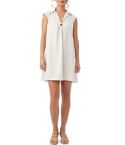 Trina Turk Bird Silky Satin Back Crepe V-Neck Point Collar Cap Sleeve Ring Detail Shift Dress