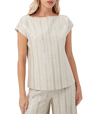 Trina Turk Breene Saint Maxime Linen Blend Sequin Stripe Boat Neck Cap Sleeve Top