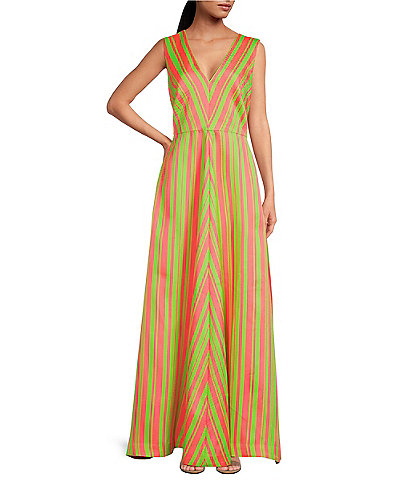 Trina Turk Bryony Sorento Stripe Jacquard V-Neck Sleeveless A-Line Maxi Dress