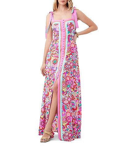 Trina Turk Cami Silk Floral Print Front Slit Square Neck Sash Tie Bow Straps Button Front A-Line Dress