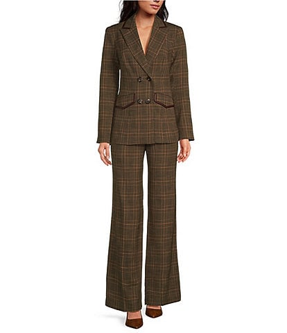 Trina Turk Cassy Woven Plaid Print Notch Lapel Collar Long Sleeve Button Front Jacket & Coordinating Wide Leg Flat Front Pant