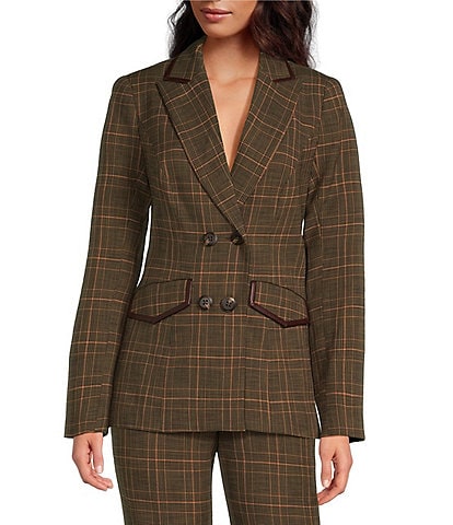 Trina Turk Cassy Woven Plaid Print Notch Lapel Collar Long Sleeve Coordinating Button Front Jacket