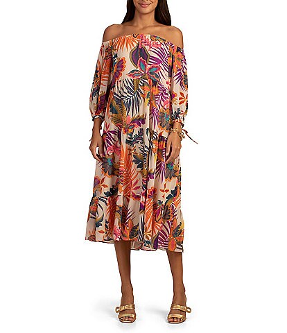 Trina Turk Cattleya Georgette Tropical Print Off-the-Shoulder 3/4 Sleeve Tiered A-Line Midi Dress