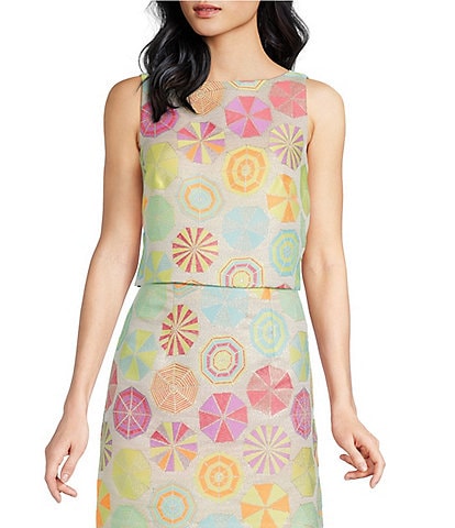 Trina Turk Cayley Jacquard Umbrella Print Boat Neck Sleeveless Coordinating Crop Top