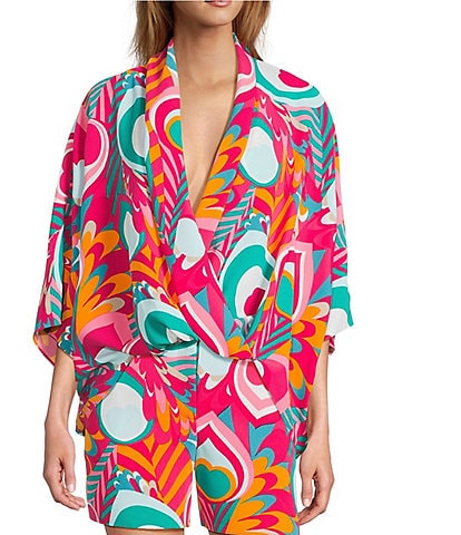 Trina Turk Concourse Abstract Printed Georgette Surplice V-Neck Elbow Dolman Sleeve