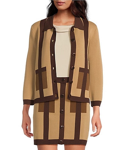 Trina Turk Coordinating Gaia Colorblock Knit Point Collar 3/4 Sleeve Button Front Cardigan
