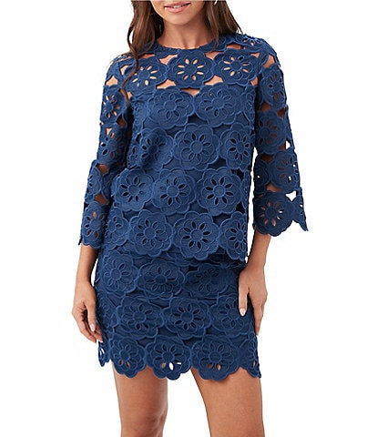 Trina Turk Coordinating Kabosu Embroidered Crew Neck 3/4 Sleeve Scallop Top