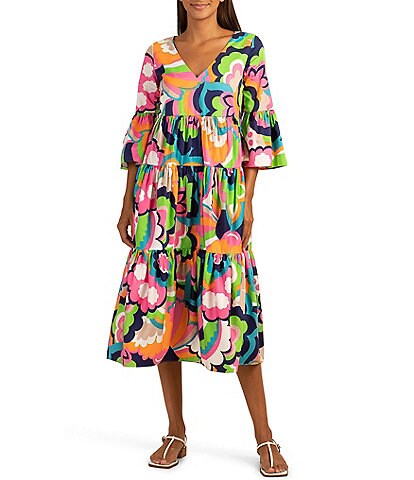 Trina Turk Cotton Sateen Floral Print V-Neck 3/4 Bell Sleeve A-Line Tiered Midi Dress