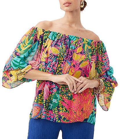 Trina Turk Cowrie Crinkle Chiffon Floral Print Off-the-Shoulder Long Tiered Bell Sleeve Top