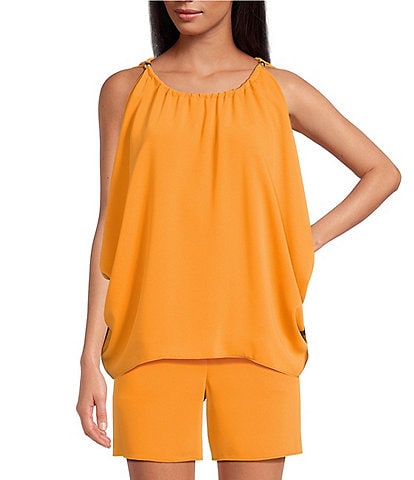 Trina Turk Double Georgette Scoop Neck Sleeveless Gold Hardware Top