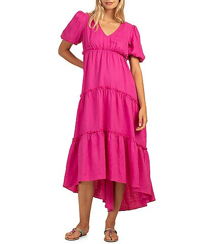 Trina Turk Dreamworthy Piece Dyed Linen V-Neck 3/4 Sleeve High-Low Tiered Hem Midi Dress