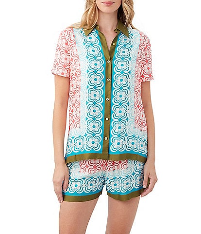 Trina Turk Ember 2 Woven Abstract Geo Print Point Collar Short Sleeve Button Front Top