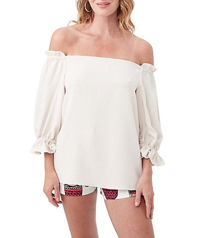 Trina Turk Equinox Off-the Shoulder Ruched 3/4 Puffed Sleeve Top