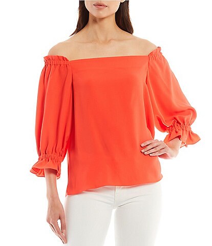Trina Turk Equinox Woven Off-the-Shoulder Ruched 3/4 Puff Sleeve Top