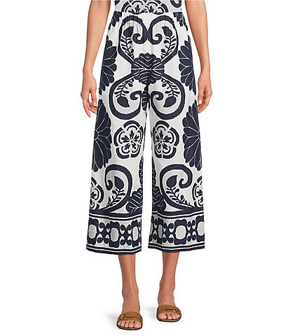 Trina Turk Estella Coordinating Border Print Clip Jacquard Flat Front Wide Leg Crop Pants